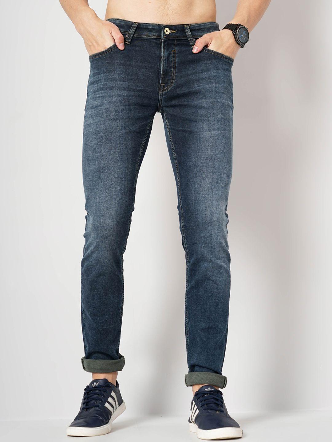 celio men navy blue jean slim fit low distress light fade stretchable jeans