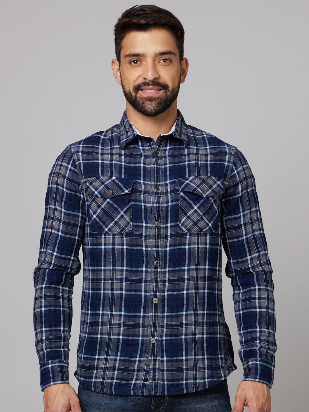 celio men navy blue straight slim fit tartan checks opaque checked casual shirt