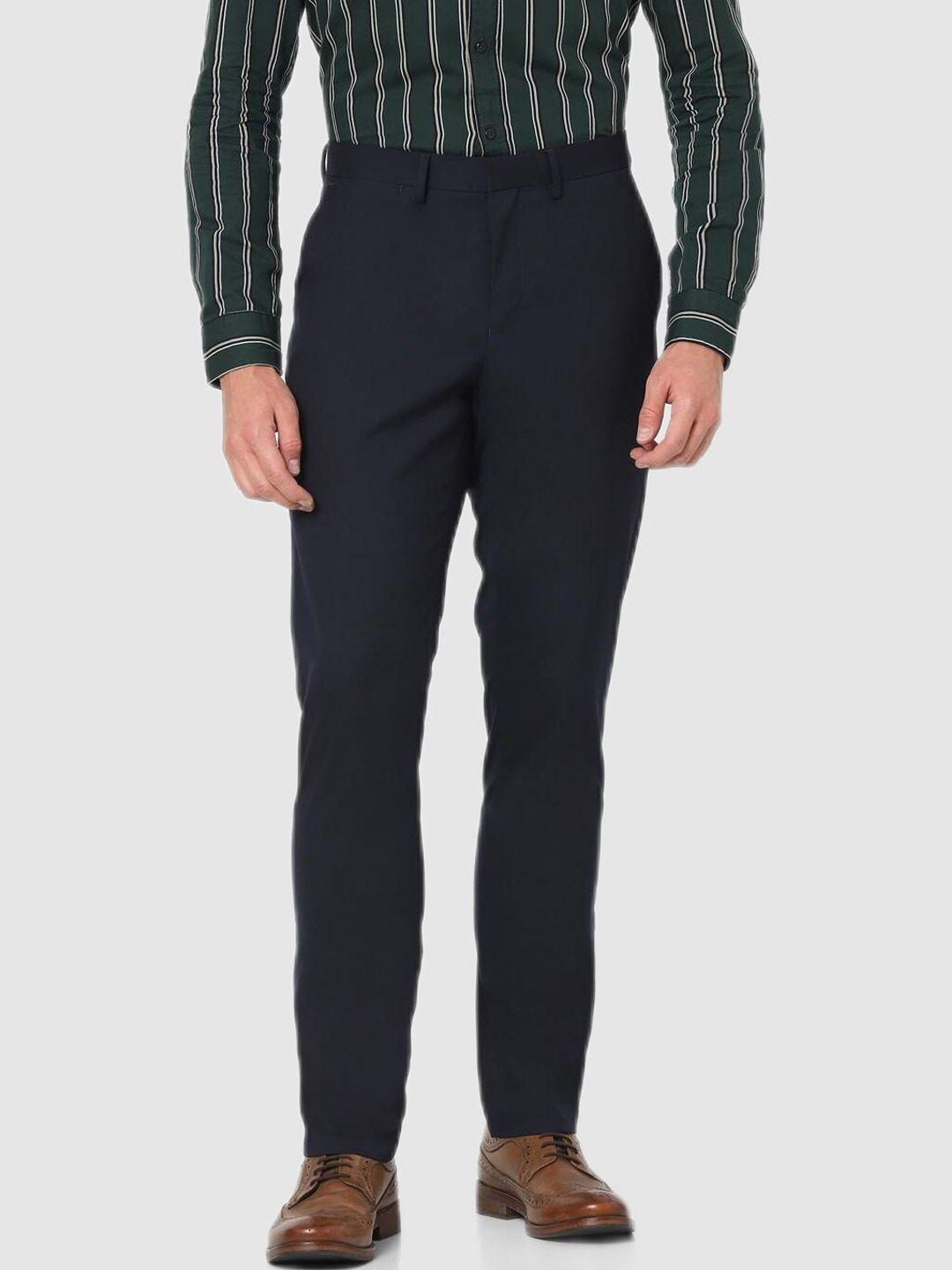 celio men navy blue tailored slim fit trousers