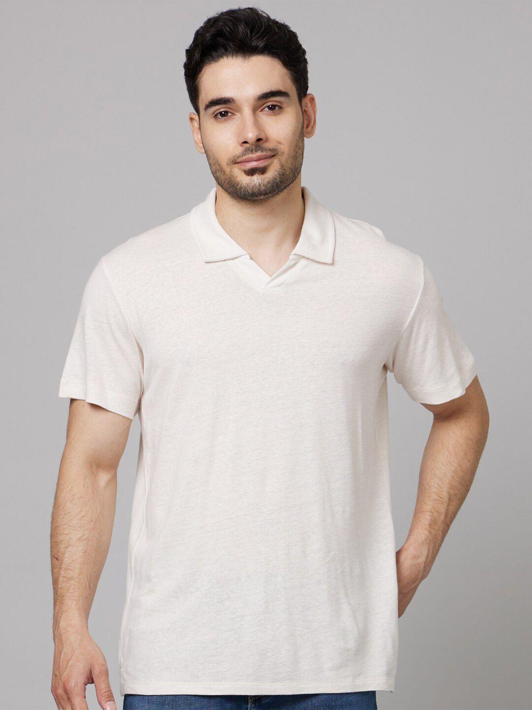 celio men off white polo collar linen pockets t-shirt