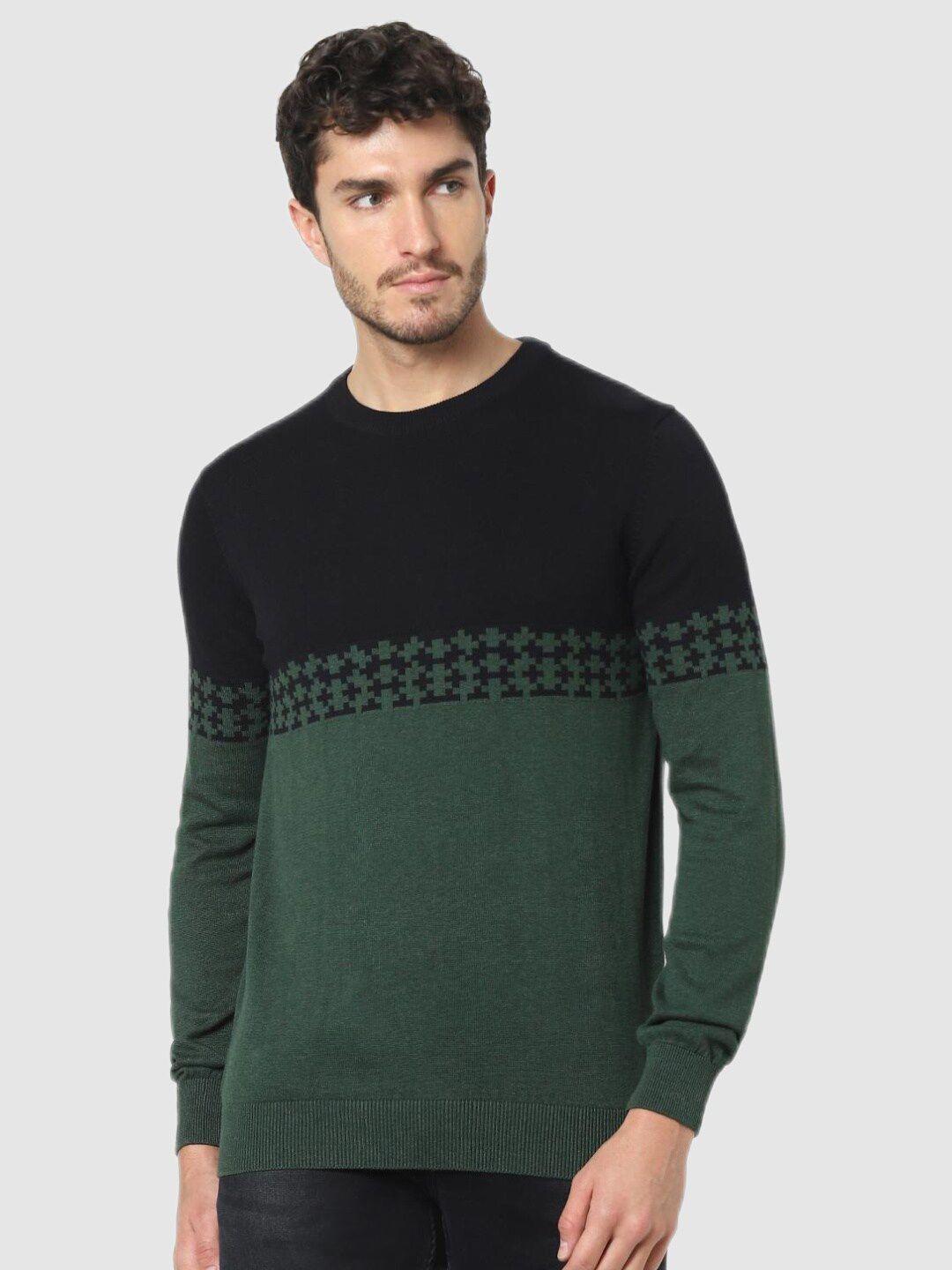 celio men olive green & black colourblocked colourblocked pullover