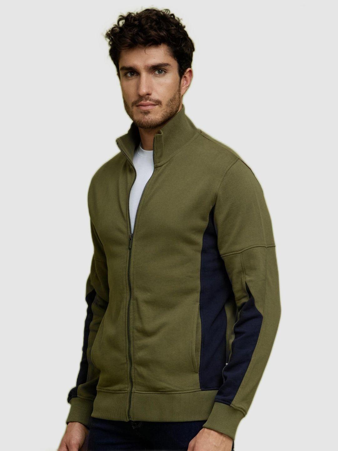 celio men olive green & black colourblocked cotton sweatshirt