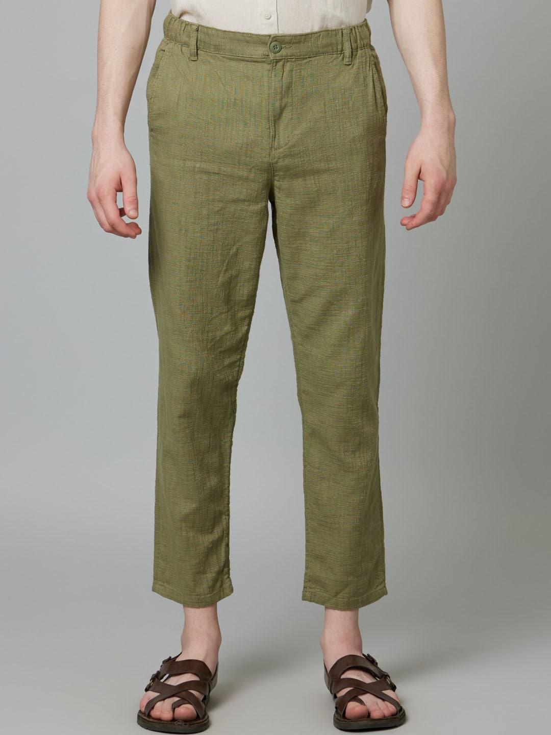 celio men olive green checked slim fit trousers