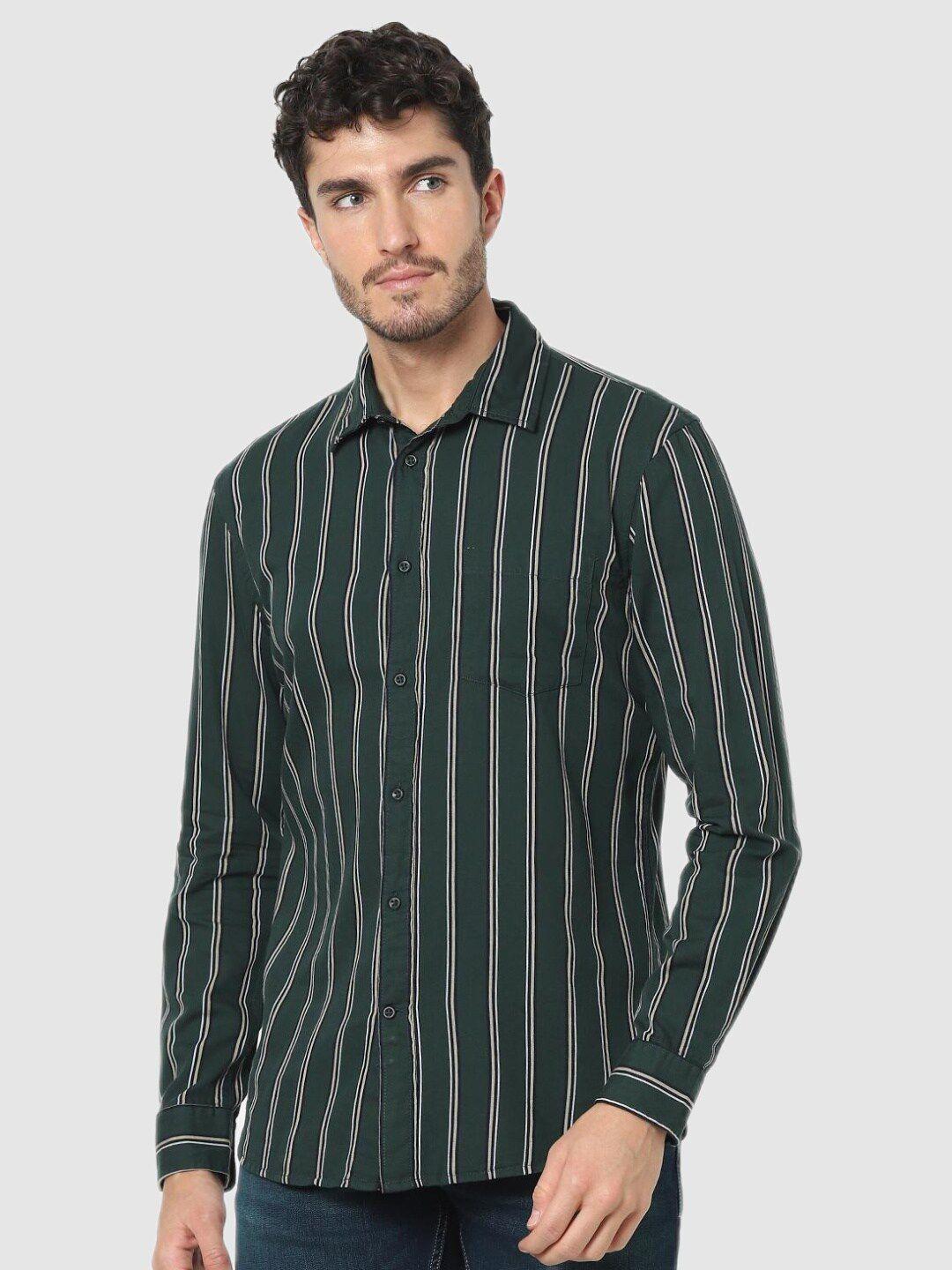 celio men olive green striped cotton casual shirt