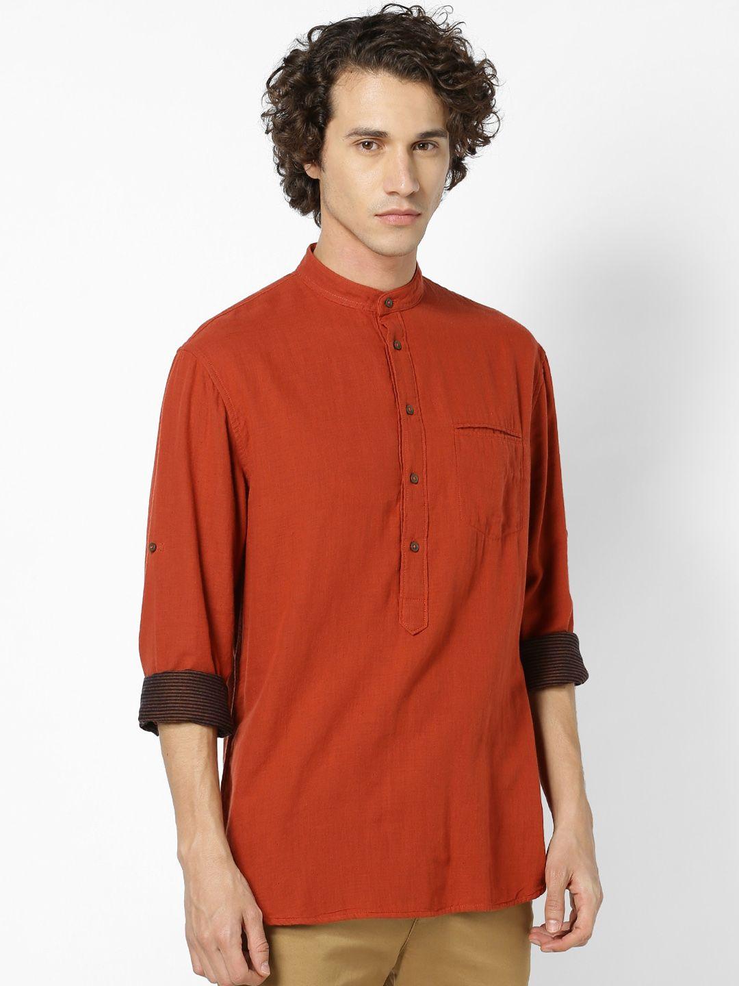 celio men rust red regular fit solid casual shirt