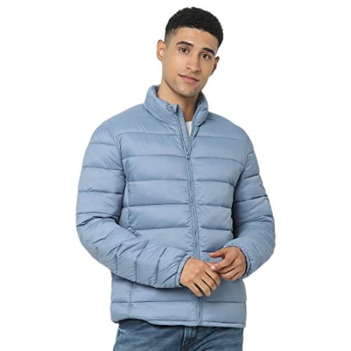 celio men solid light blue full sleeve band neck jacket