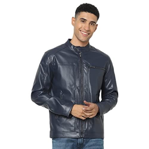 celio men solid navy full sleeve band neck jacket