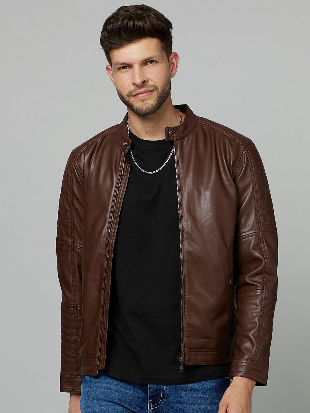 celio stand collar leather biker jacket