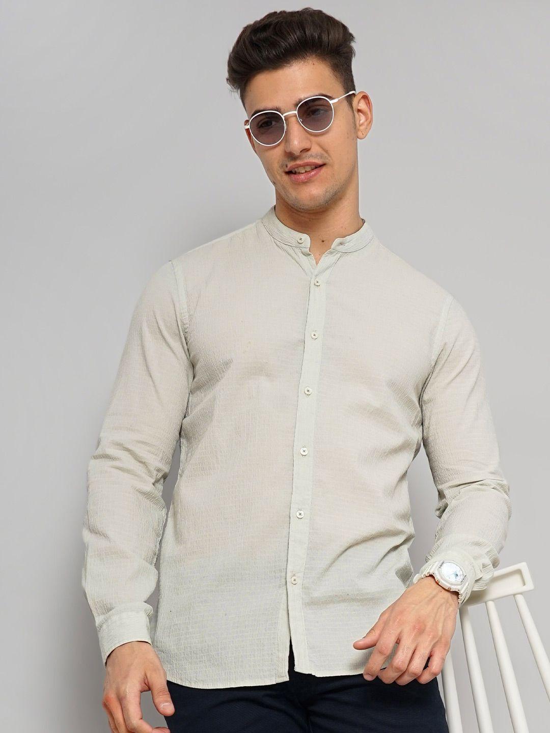 celio straight slim fit self designed band collar cotton casual shirt