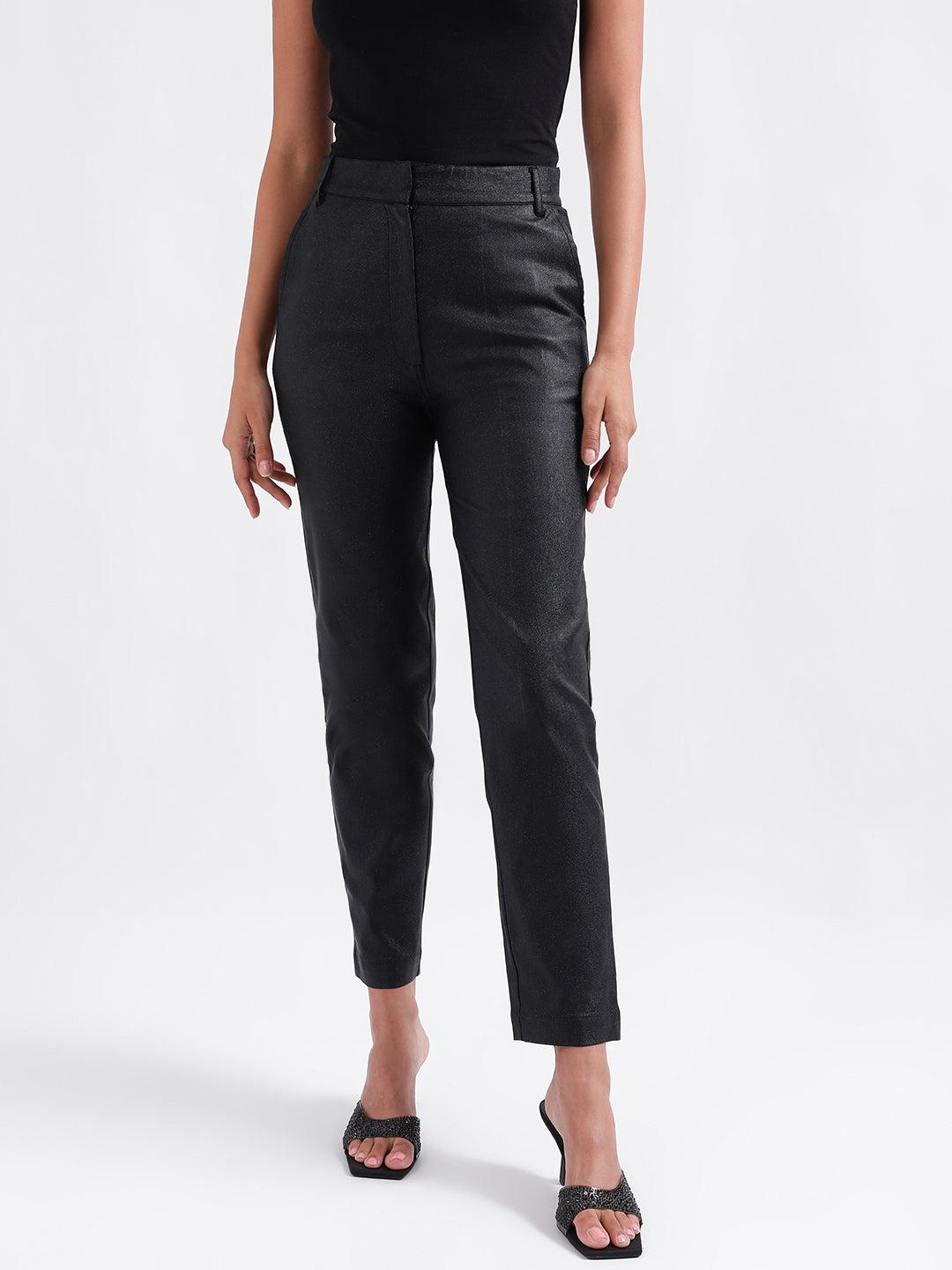 centre stage women black solid straight fit trouser