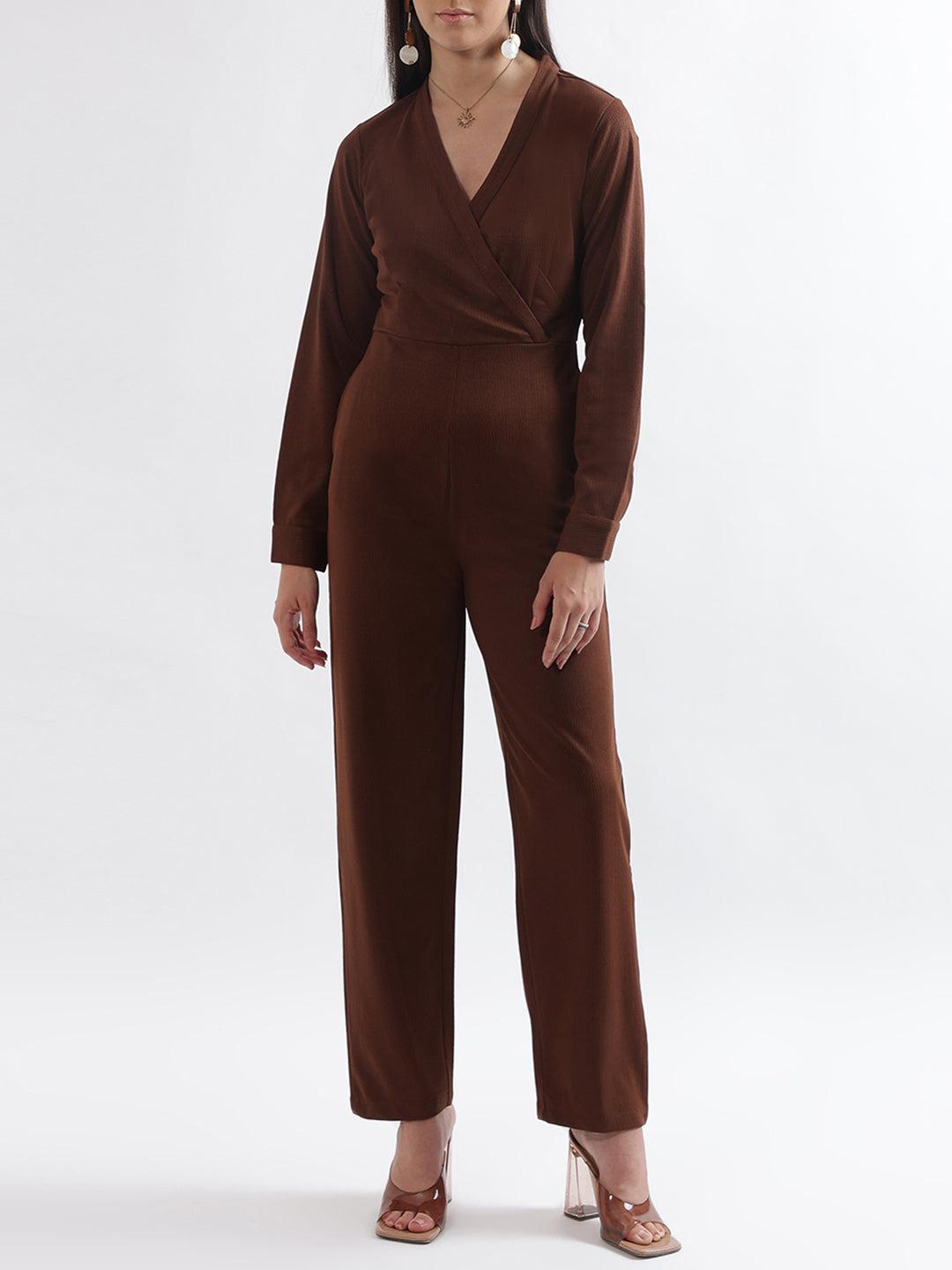 centre stage women brown solid v neck jumpsuit