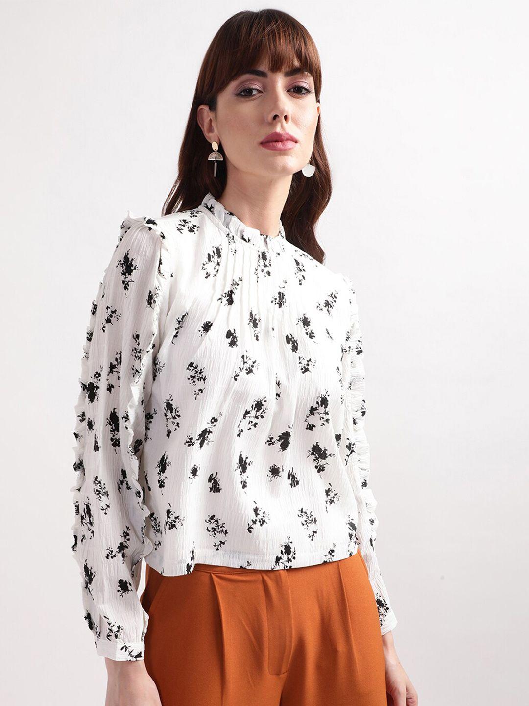centrestage women white & black floral printed high neck top