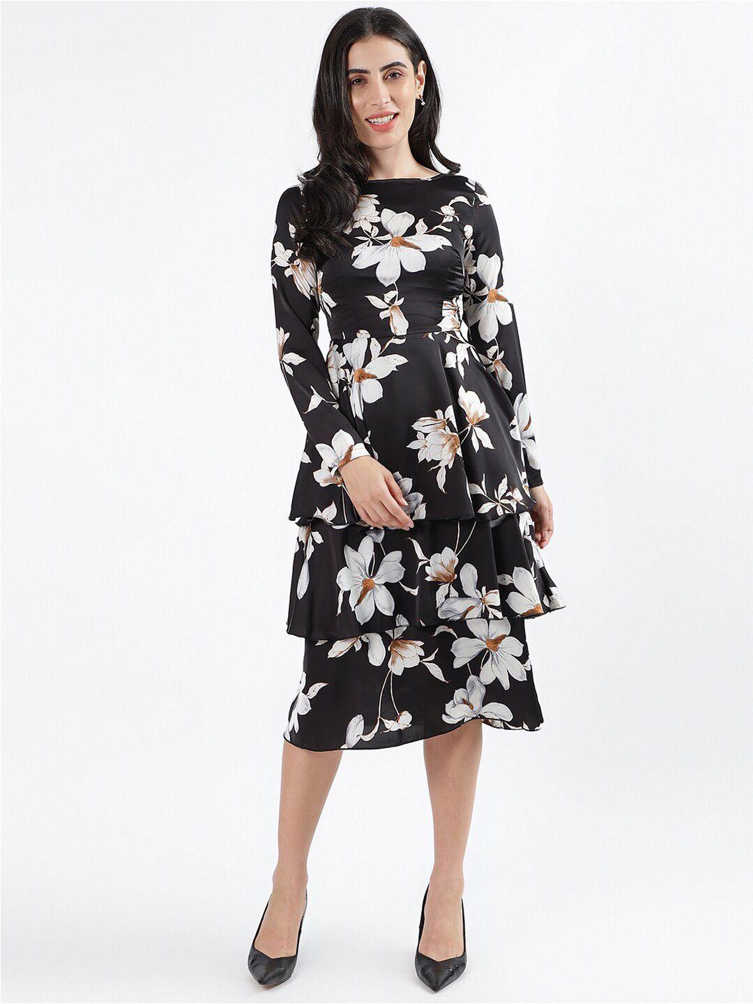 centrestage  floral print boat neck long sleeve layered fit & flare midi dress