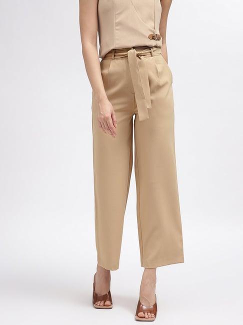 centrestage beige regular fit mid rise trousers