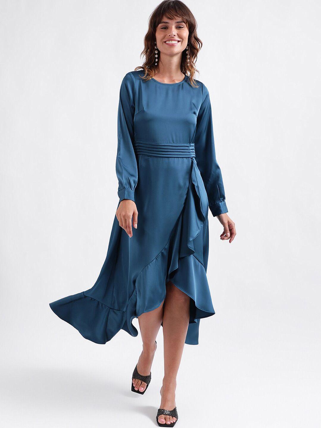 centrestage cuffed sleeve ruffled tulip fit & flare midi dress