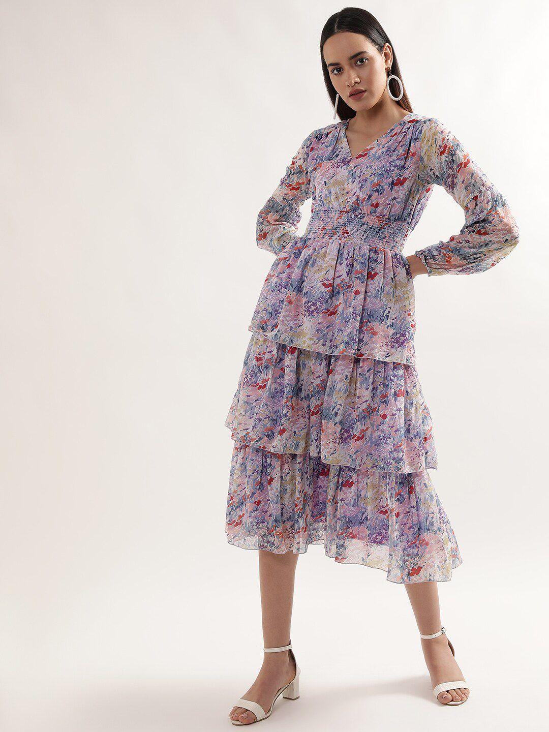 centrestage floral printed puff sleeves layered fit & flare midi dress