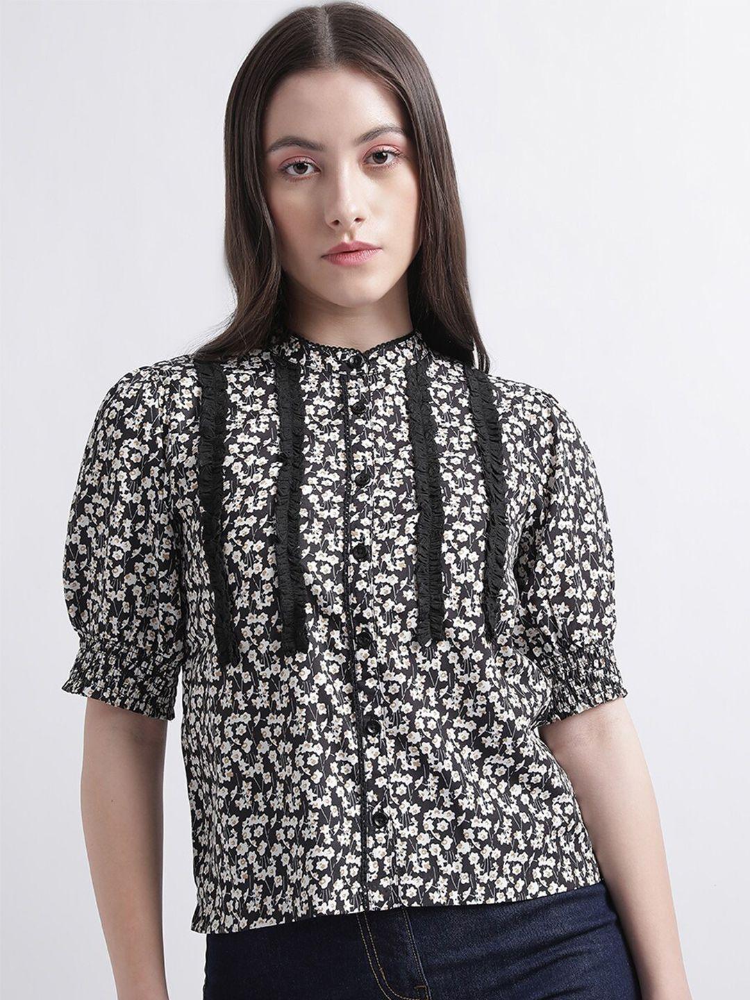 centrestage multicoloured floral print mandarin collar puff sleeve shirt style top