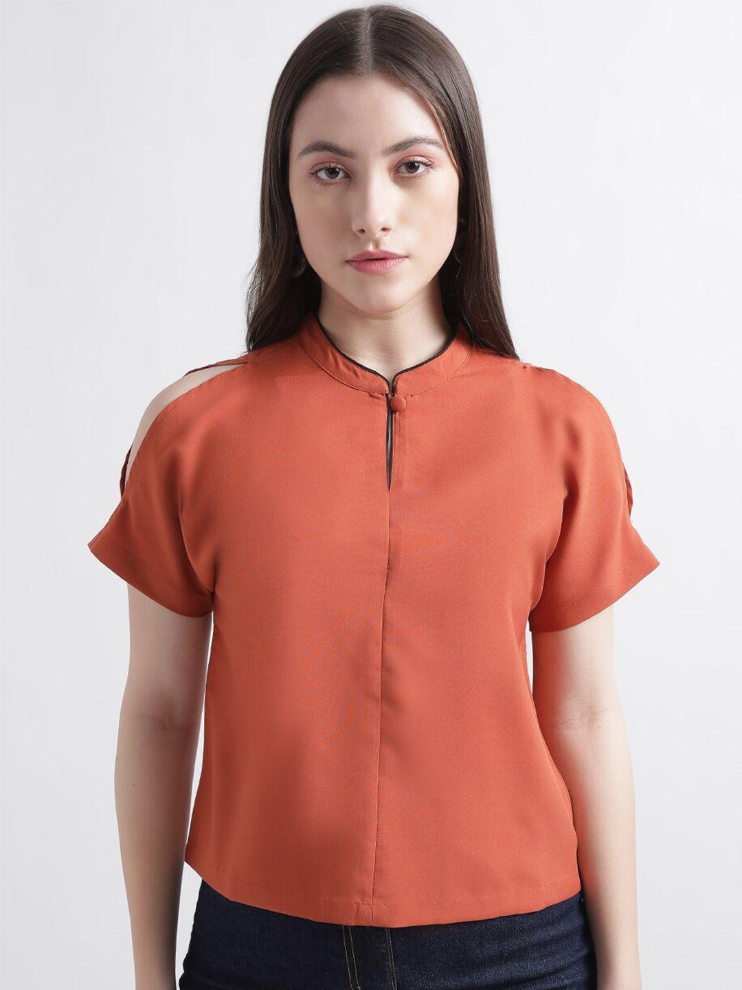 centrestage rust mandarin collar extended sleeves shirt style top