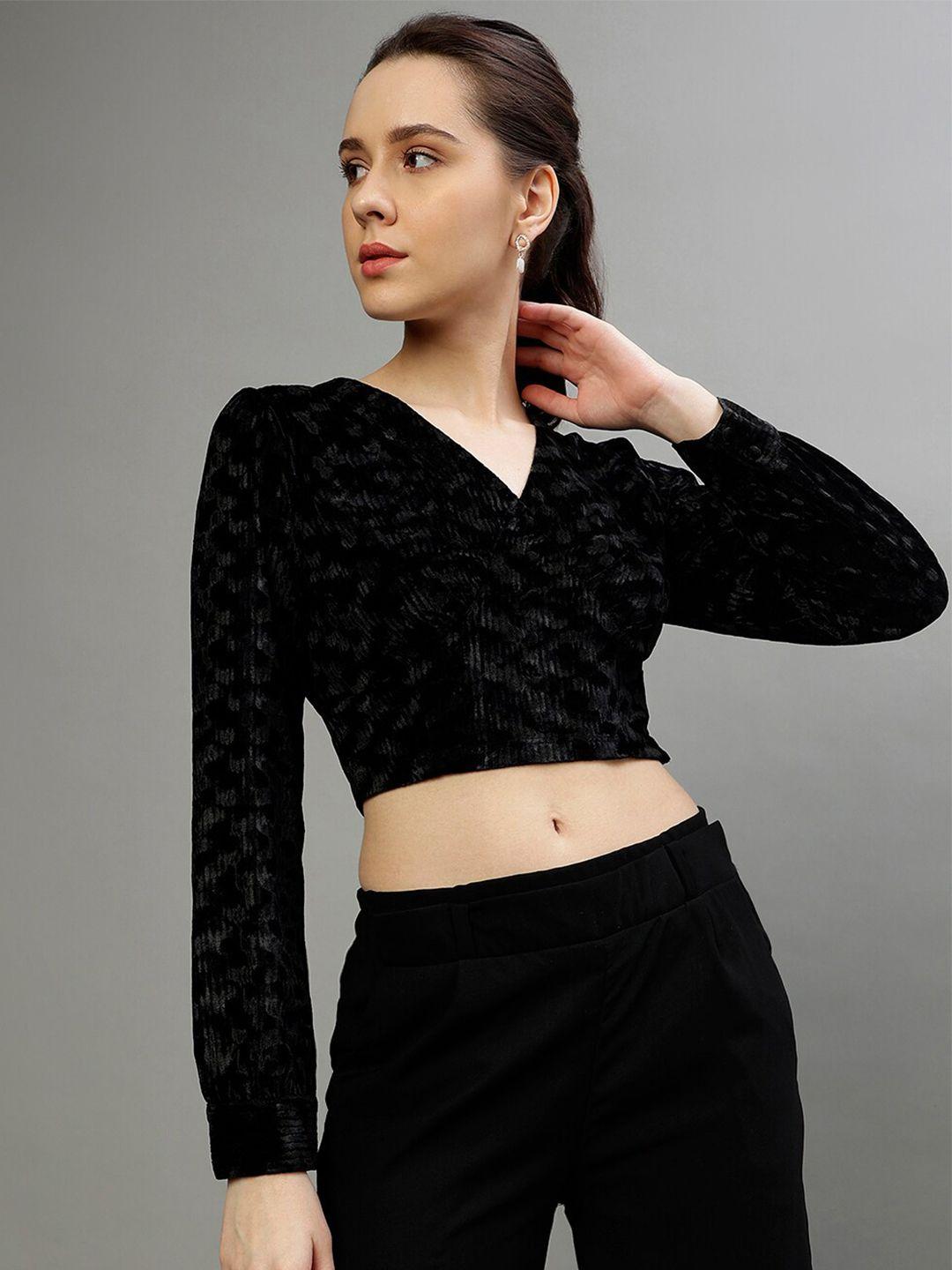 centrestage self design v-neck cuffed sleeves wrap crop top