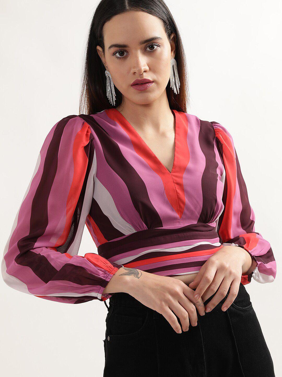 centrestage striped v-neck puff sleeve crop top