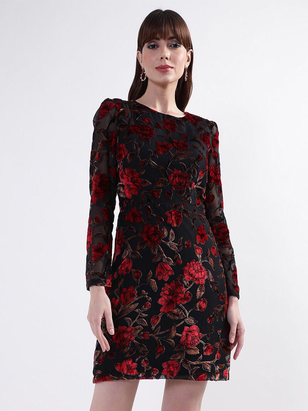 centrestage women black & red floral printed round neck sheath dress