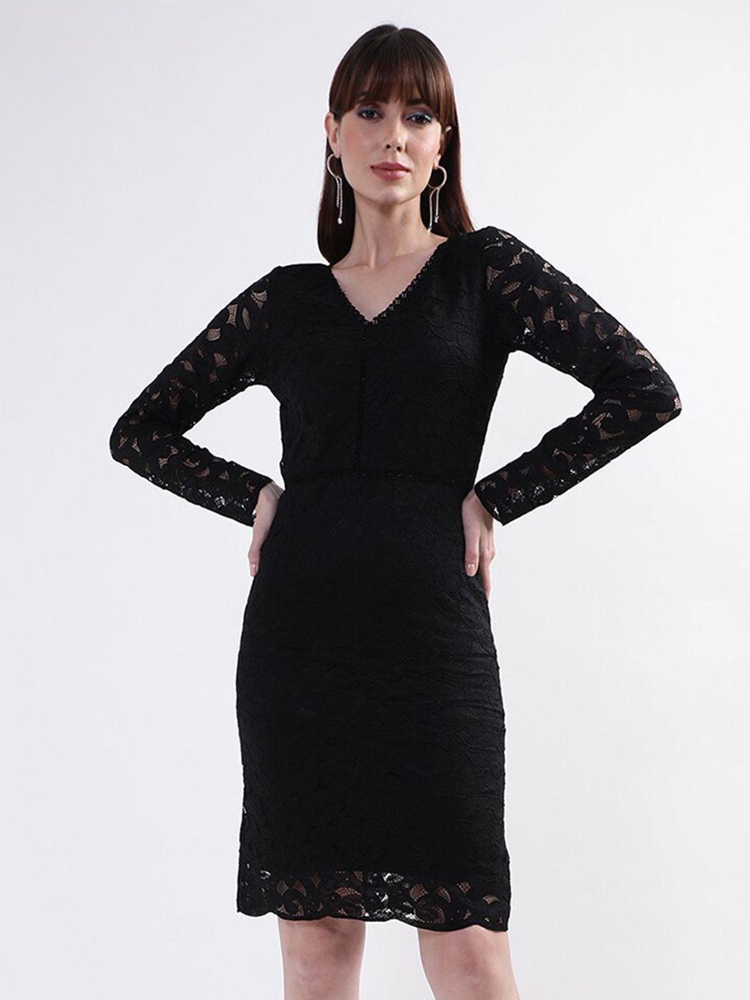 centrestage women black self design v-neck sheath dress