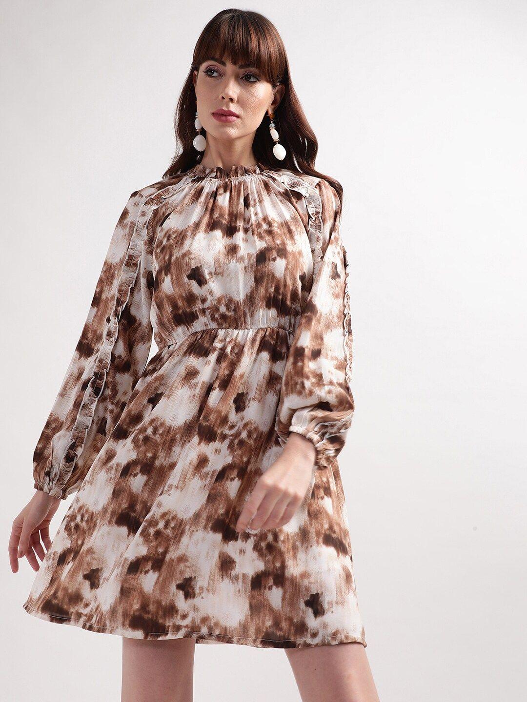 centrestage women brown & off white printed high neck a-line dress