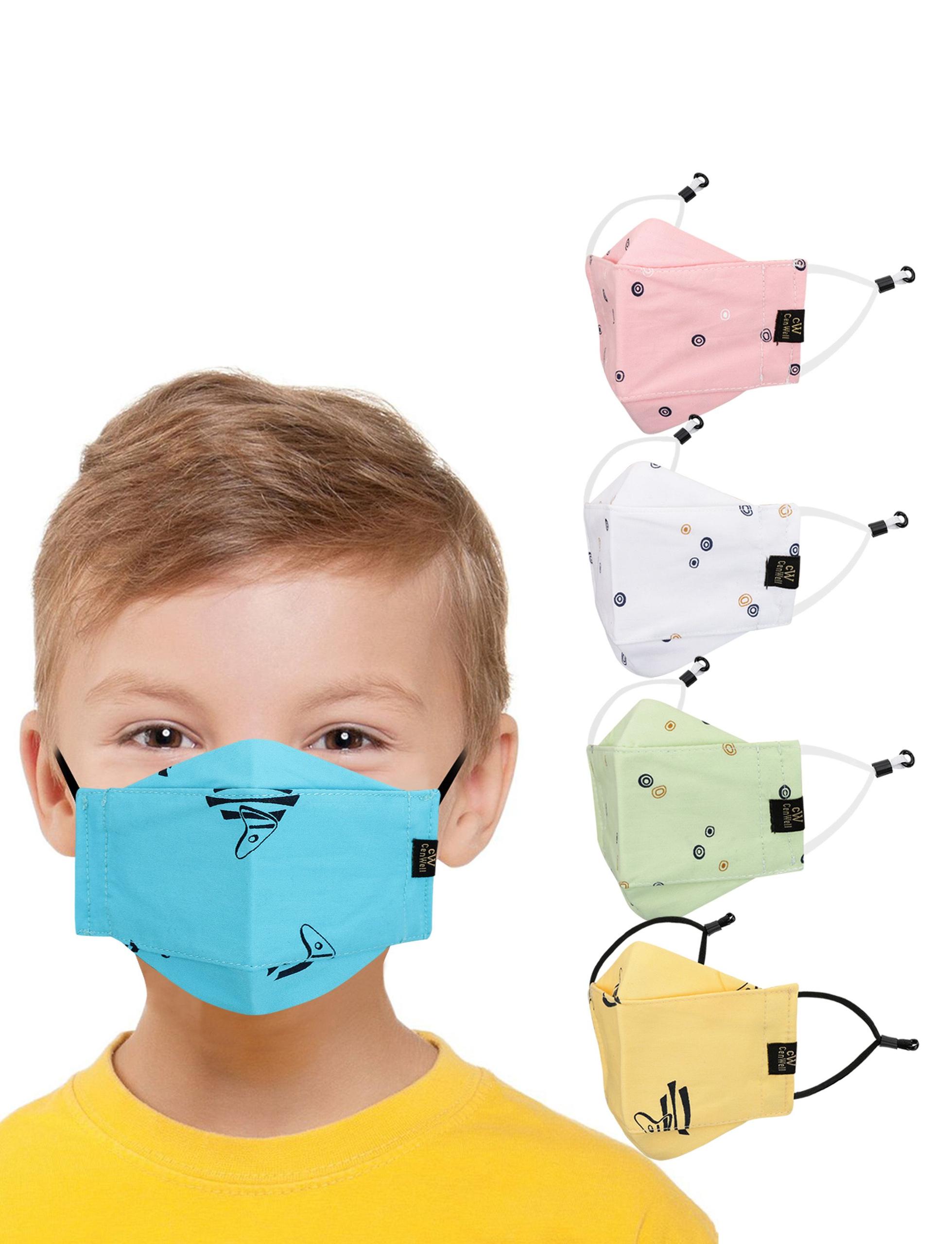 cenwell kids pack of 5 printed 6-ply pure cotton reusable 3d cloth masks