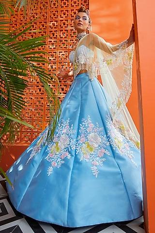 ceramic blue silk taffeta floral embroidered lehenga set