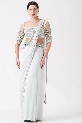 ceramic white tasseled pre-stitched saree set