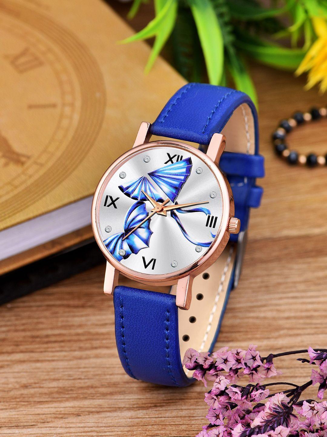 cero women blue brass printed dial & blue straps analogue watch