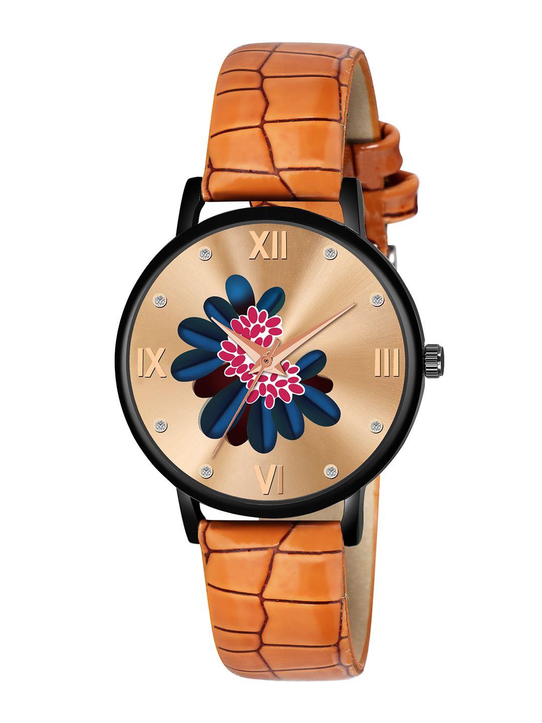 cero women brass printed dial & straps analogue watch ab60-b-brown