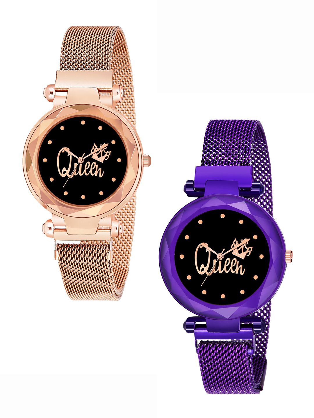 cero women pack of 2 bracelet style straps analogue watches c-com-queen-gold-purple