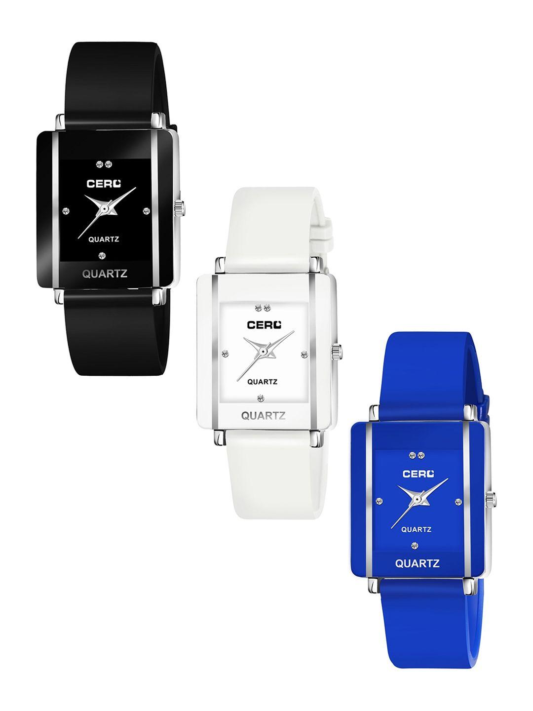 cero women set of 3 rectangle dial analogue watch com3-248-black-white-bluenew