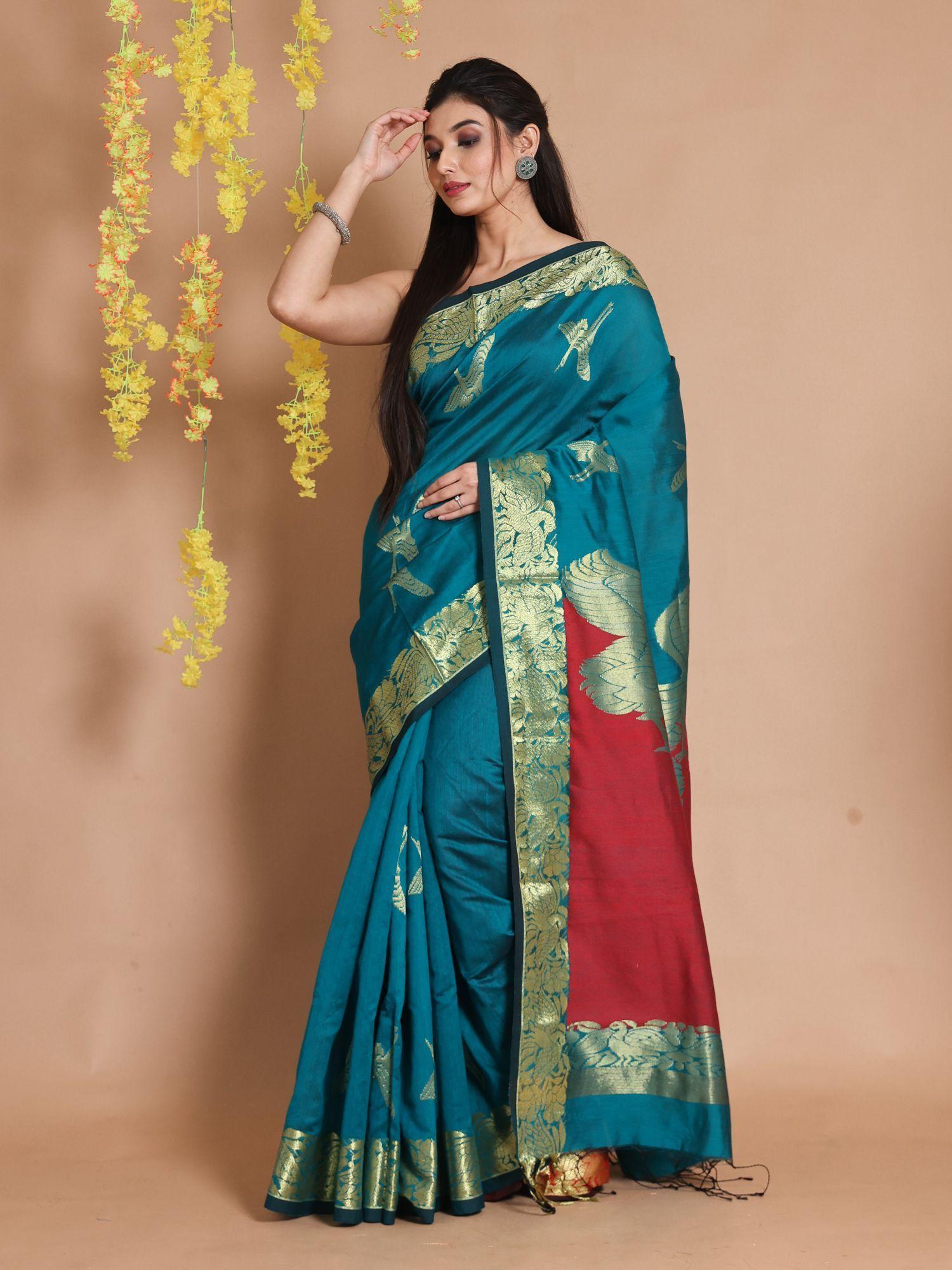 cerulean blue cotton blend handwoven zari woven bird designs saree with unstitched blouse