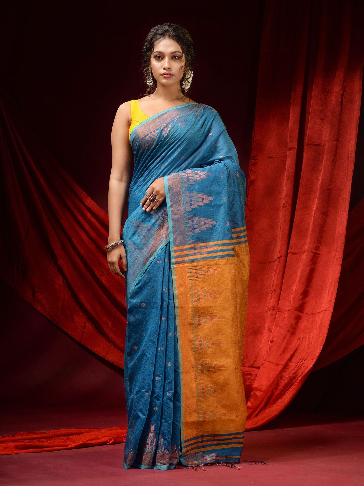 cerulean blue cotton woven ethnic motifs and temple borders saree with unstitched blouse