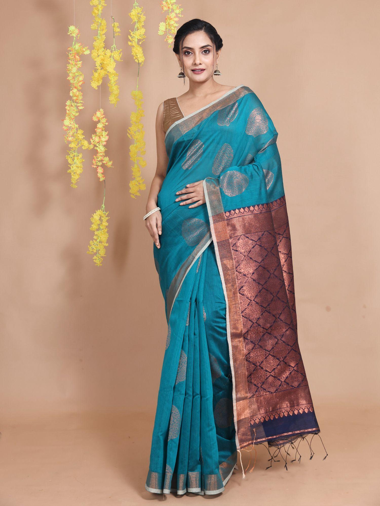 cerulean blue cotton zari motifs & designs handwoven saree with unstitched blouse