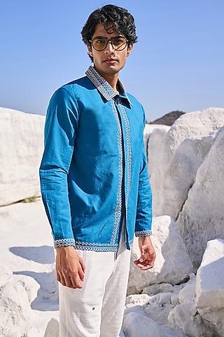 cerulean blue organic cotton embroidered shirt
