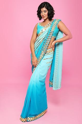 cerulean blue shaded embellished saree set