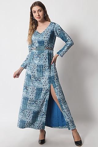 cerulean blue velvet printed dress for girls