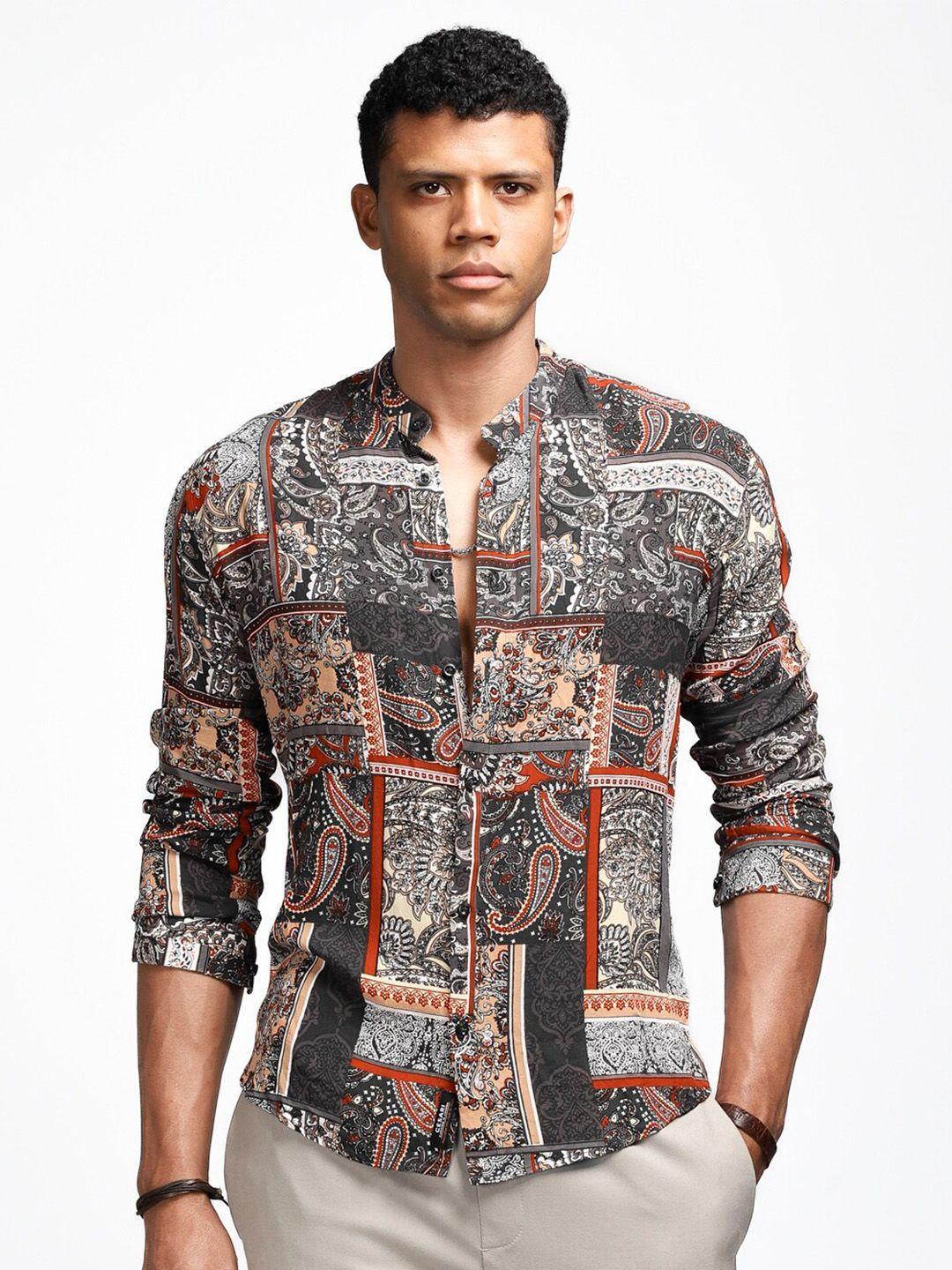 cesari london comfort ethnic motif printed mandarin collar casual shirt