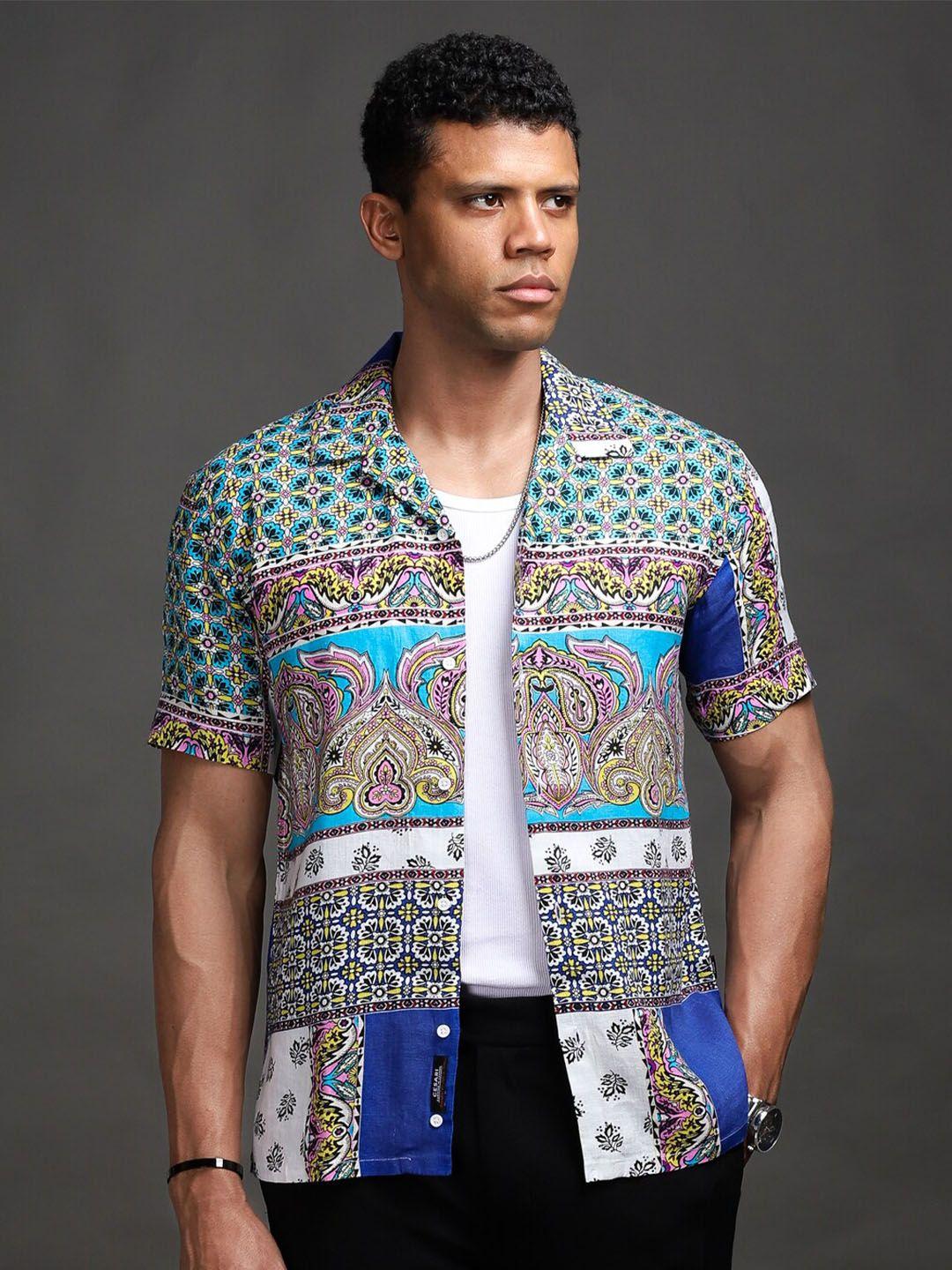 cesari london comfort ethnic motifs printed cuban collar short sleeves linen casual shirt