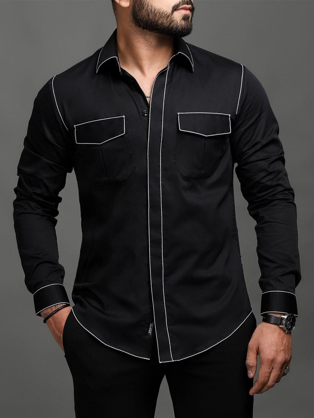 cesari london men black premium slim fit opaque casual shirt