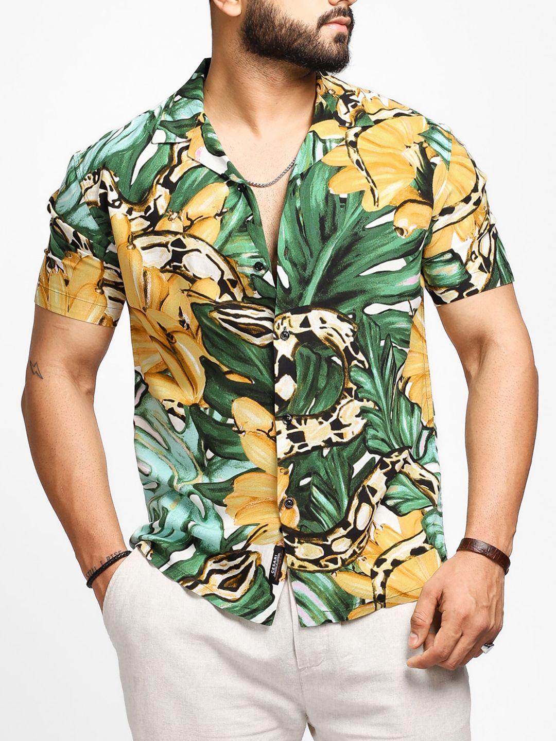 cesari london men green premium floral opaque printed casual shirt