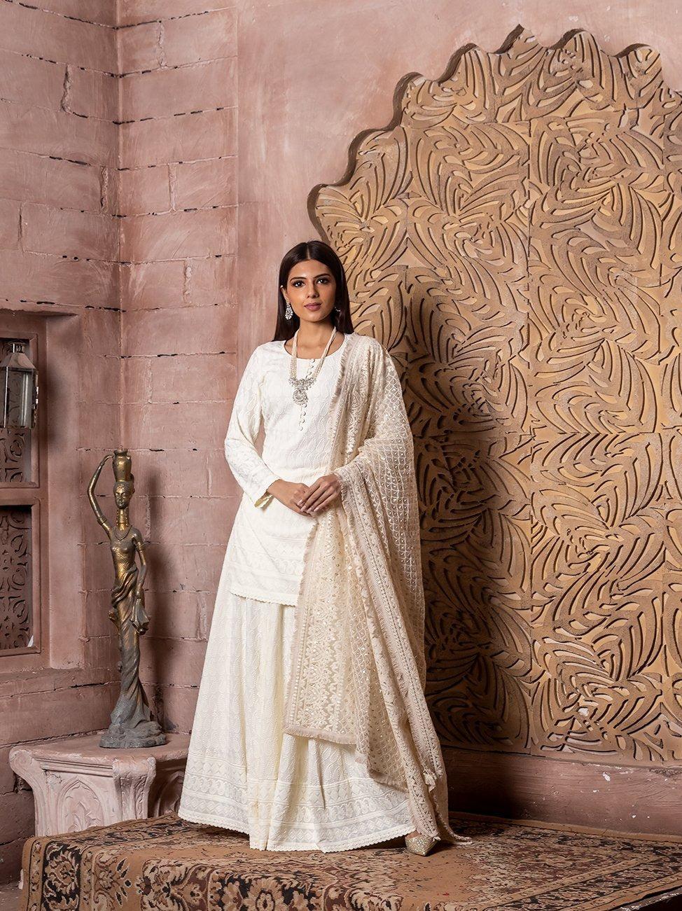 chaand- embroidered kurta & gharara set with dupatta (3 piece set)