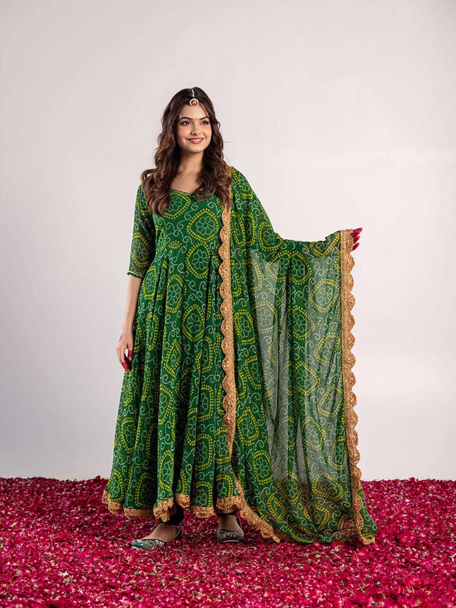 chaand bandhani printed anarkali green (set of 3)