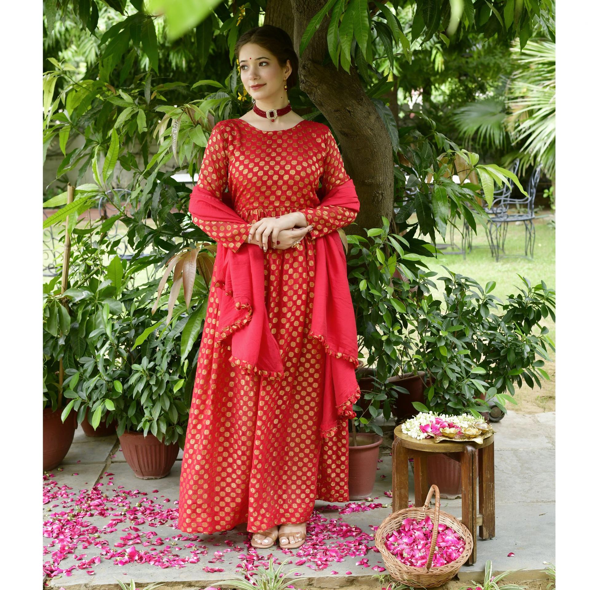 chaand festival wear red anarkali suit set