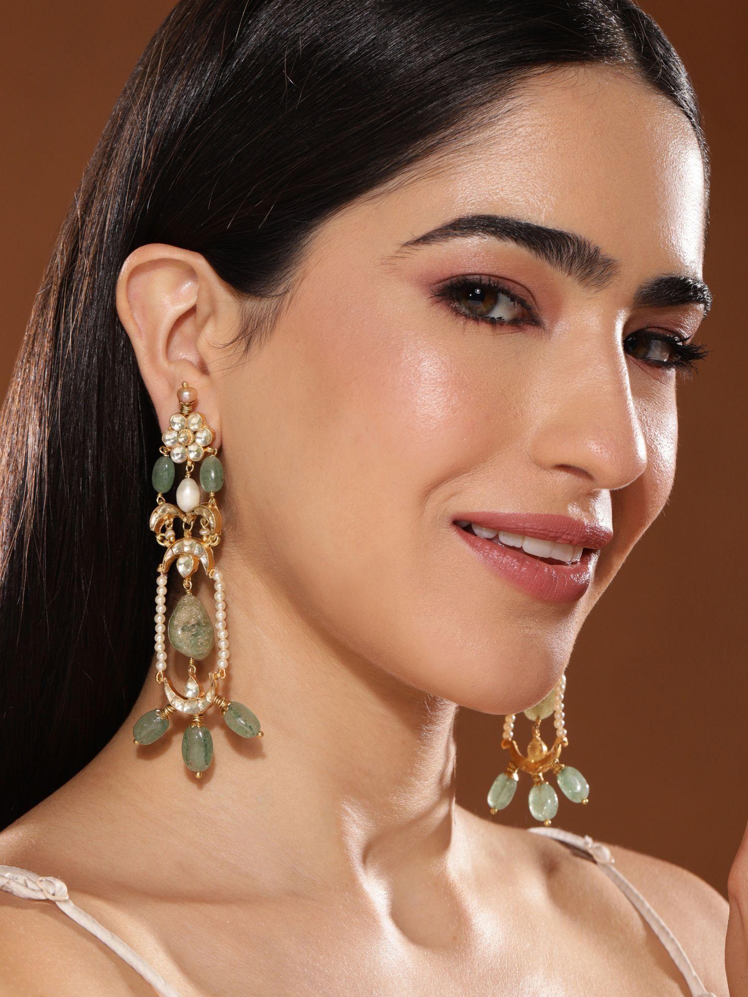 chaand long statement earrings with light green stones pearls & polkis