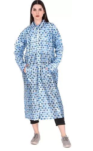 chacko waterproof polka dots printed long/full raincoat for women with adjustable hood (blue,xxl)