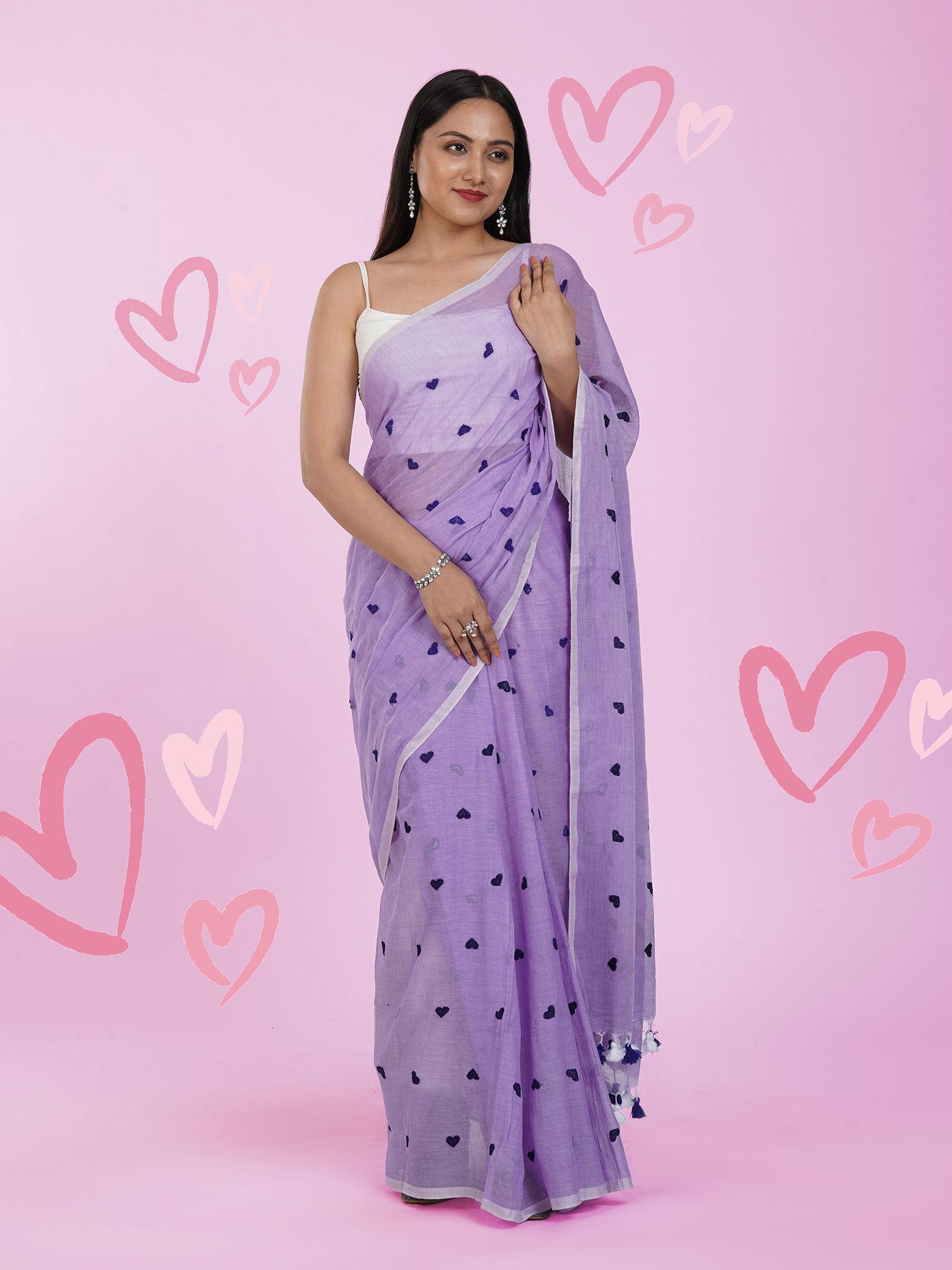 chahna purple mul cotton heart embroidery saree